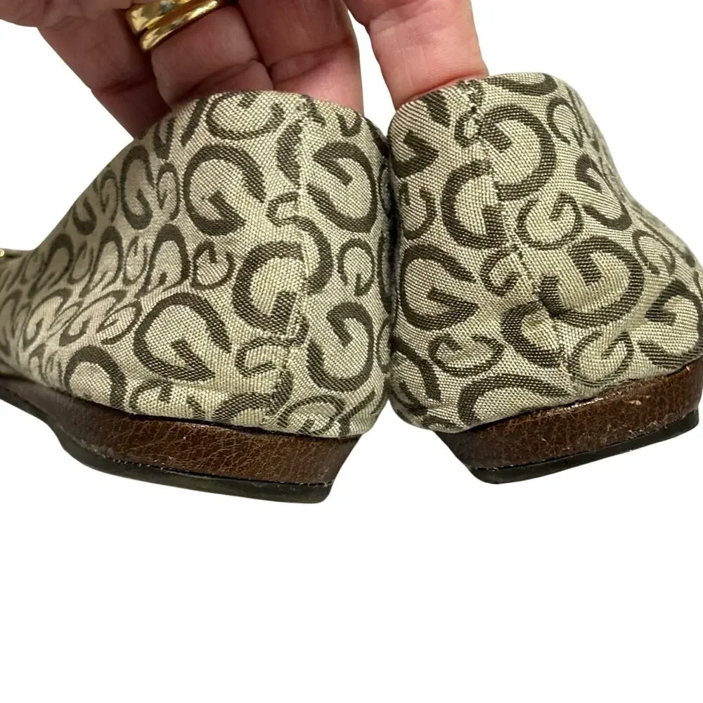 Guess flats ladies slip on casual shoes tan brown logo canvas gold buckle 9.5M